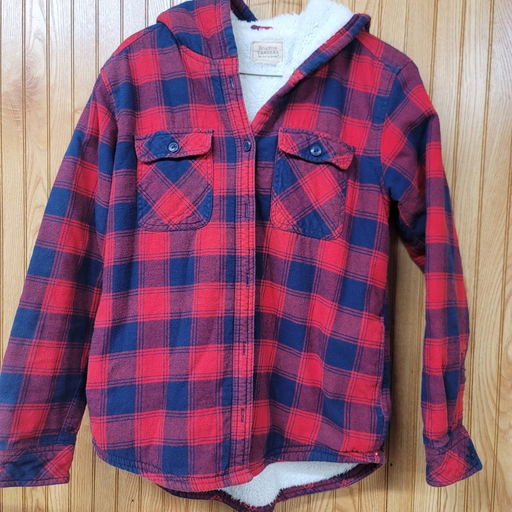 Boston‎ Traders Womens Red Navy Blue Plaid Sherpa Lined Hooded Flannel Jacket S